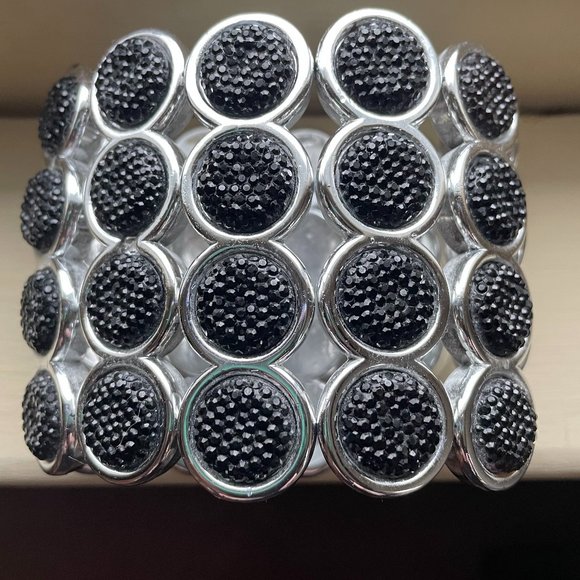 Black Cut Crystal & Silver Tone Dressy Wide Bracelet - Picture 5 of 5